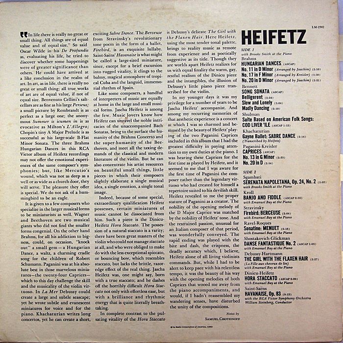 JASCHA HEIFETZ, Violin / Heifetz Recital / Brahms