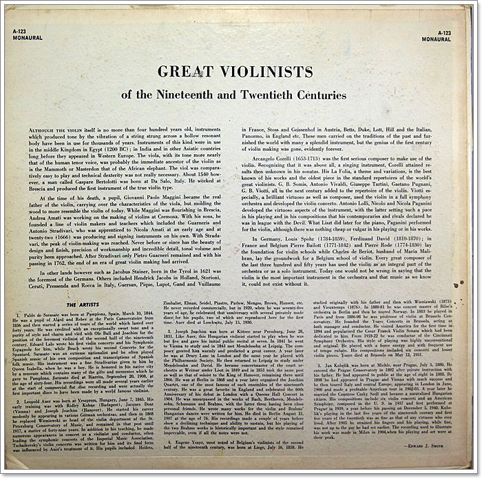 GREAT VIOLINISTS OF THE NINETEENTH AND TWENTIETH CENTURIES