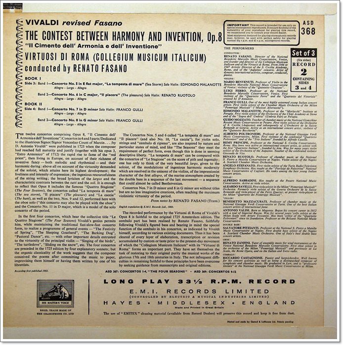 VIVALDI THE CONTEST BETWEEN HARMONY AND INVENTION, OP. 8 VIRTUOSI DI ROMA