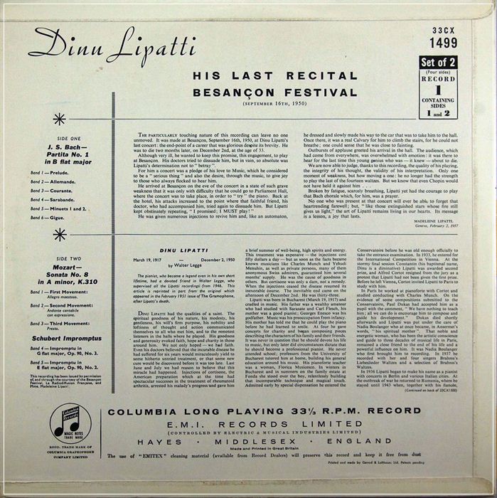 DINU LIPATTI HIS LAST RECITAL. BESANCON FESTIVAL