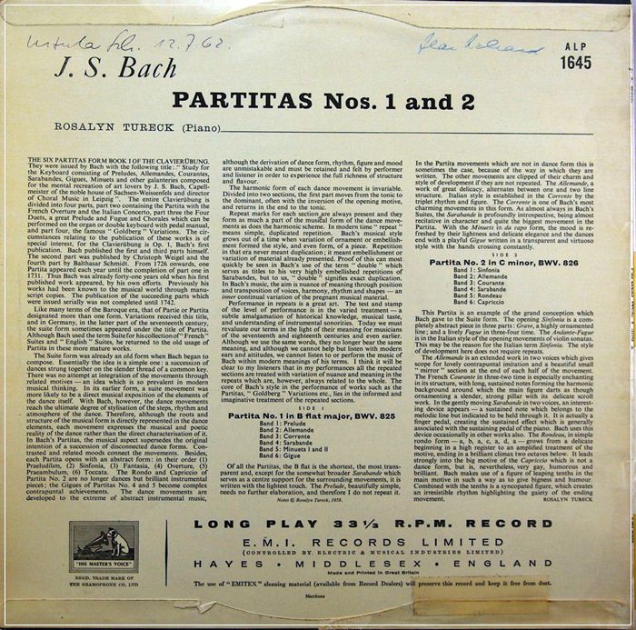 BACH PARTITAS NOS.1 , 2 - ROSALYN TURECK