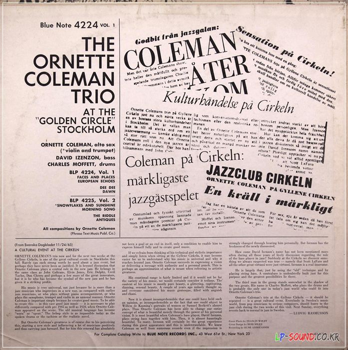 ORNETTE COLEMAN AT THE GOLDEN CIRCLE V.1 BLUE NOTE 4224 N.Y. ORIGINAL