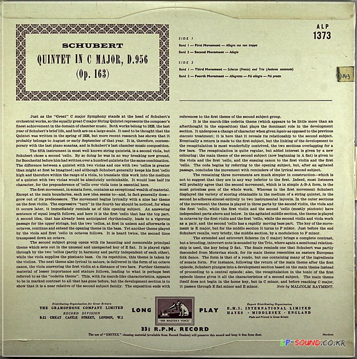 HMV ALP 1373 UK SCHUBERT QUINTET D956 QUINTETTO BOCCHERINI