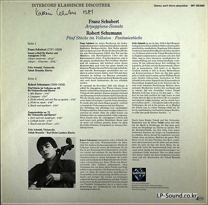 FELIX SCHMIDT CELLO SCHUBERT ARPEGGIONE SONATA SCHUMANN FIVE PIECES FANTASIA NM