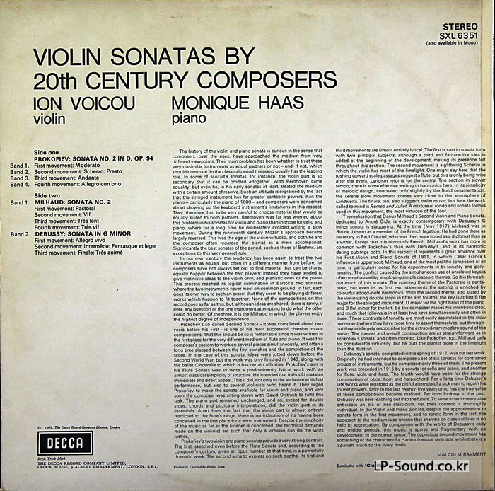 SXL 6351 VIOLIN SONATAS BY 20TH CENTURY COMPOSERS WBG ED1 VOICOU