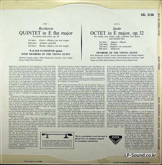BEETHOVEN QUINTET SPOHR OCT LP WBG ED1 SXL 2158 SUPERB