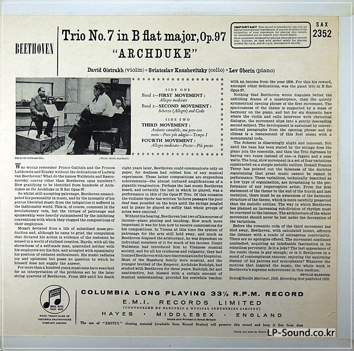 SAX 2352 ED1 B/S STEREO UK BEETHOVEN ARCHDUKE DAVID OISTRAKH TRIO NM