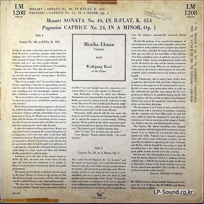 MISCHA ELMAN-MOZART SONATA/PAGANINI CAPRICE-LM 1208-ORIG. MONO