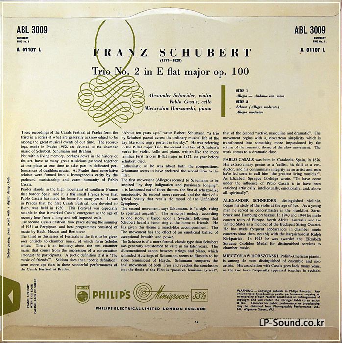*PABLO CASALS* SCHUBERT TRIO NO.2* SCHNIEDER /HORSZOWSKI*