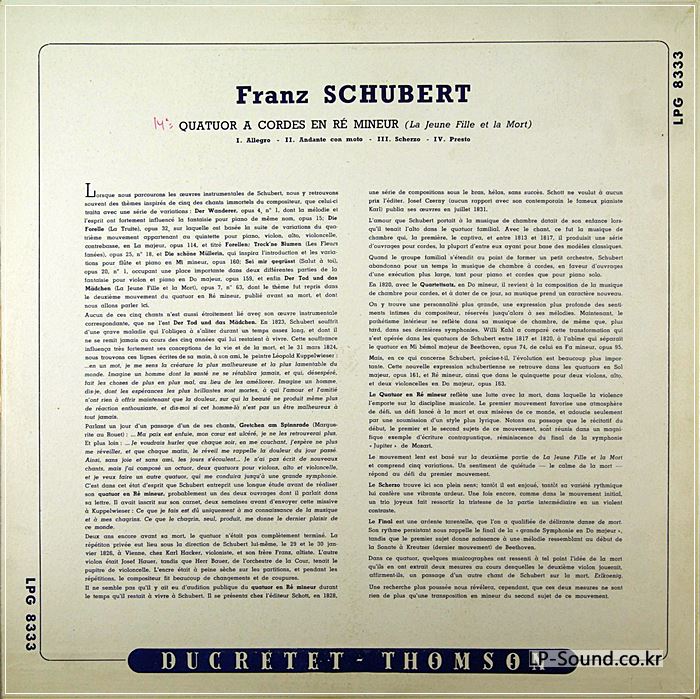 SCHUBERT QUATUOR / QUATUOR  / DUCRETET THOMSON / LPG 8333
