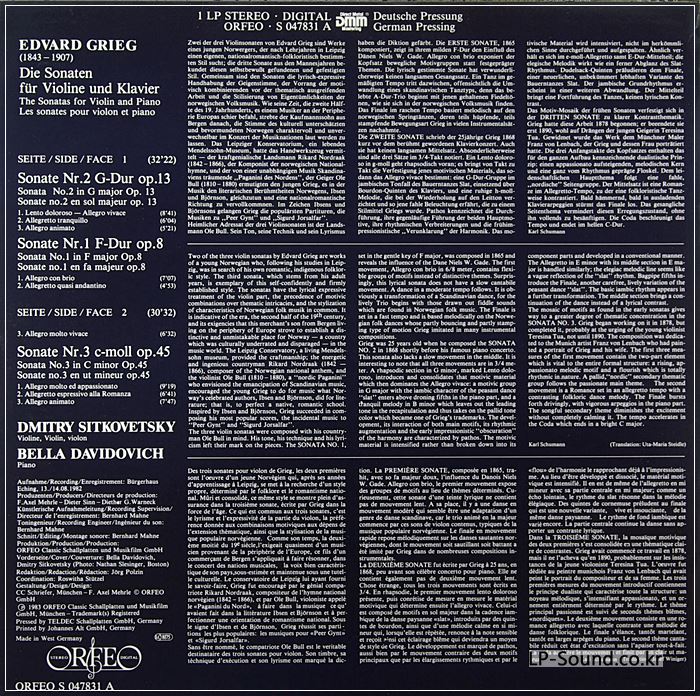 GRIEG VIOLIN SONATAS SITKOVETSKY DAVIDOVICH  ORFEO LP S047831A
