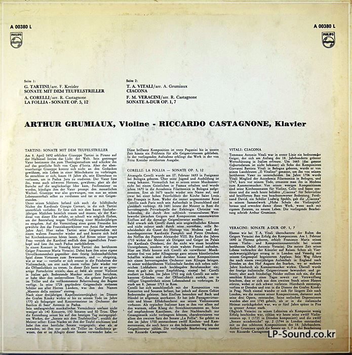 ARTHUR GRUMIAUX / RICCARDO CASTAGNONE LP PHILIPS MINIGROOVE A 00380 L