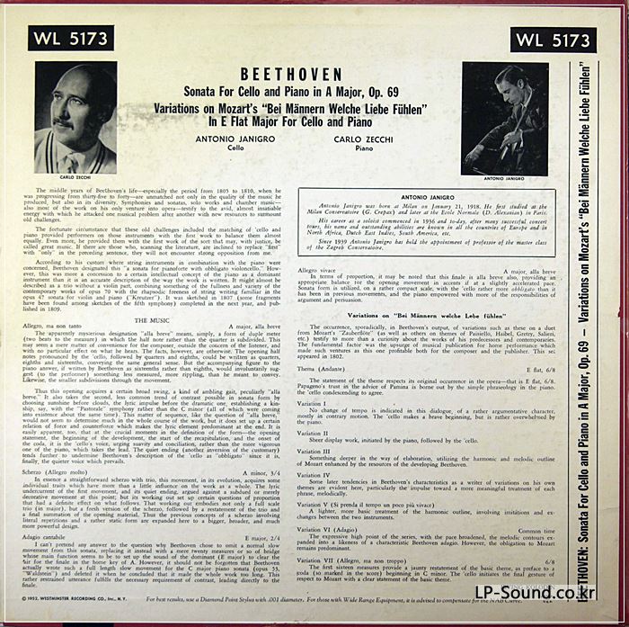 WESTMINSTER WL 5173- BEETHOVEN CELLO SONATAS- JANIGRO
