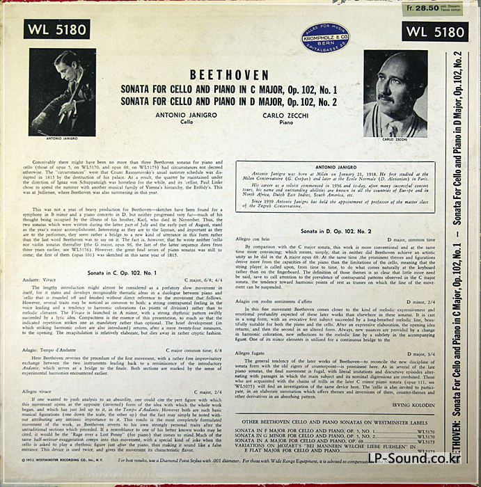 WESTMINSTER WL 5180- BEETHOVEN CELLO SONATAS- JANIGRO