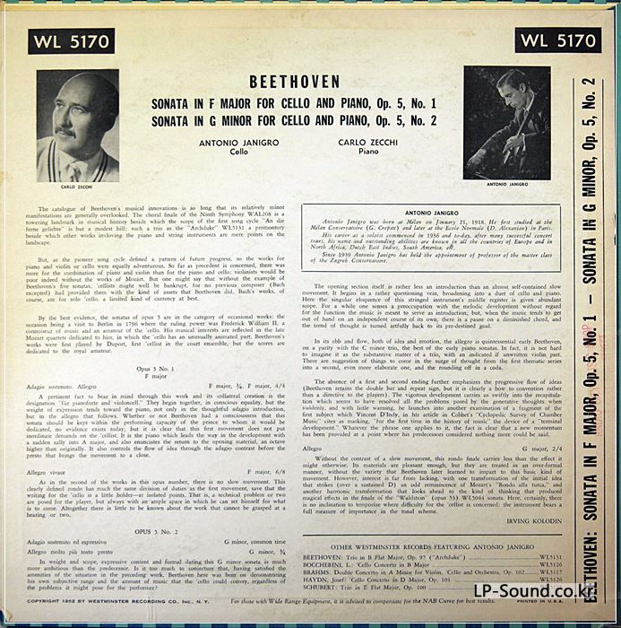 WESTMINSTER WL 5170   BEETHOVEN / ANTONIO JANIGRO - CARLO ZECCHI