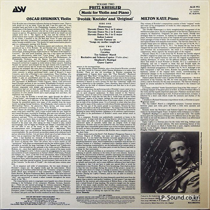 ASV ALH 951 1ST UK  OSCAR SHUMSKY - KREISLER MUSIC FOR VIOLIN VOL 2