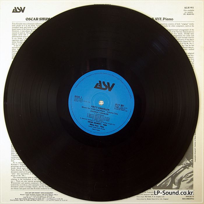 ASV ALH 951 1ST UK  OSCAR SHUMSKY - KREISLER MUSIC FOR VIOLIN VOL 2