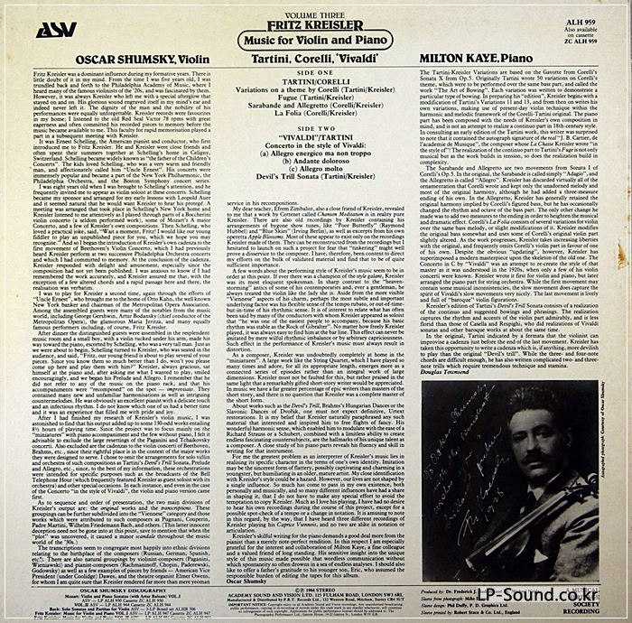 ASV ALH 959 1ST UK  OSCAR SHUMSKY - KREISLER MUSIC FOR VIOLIN VOL3