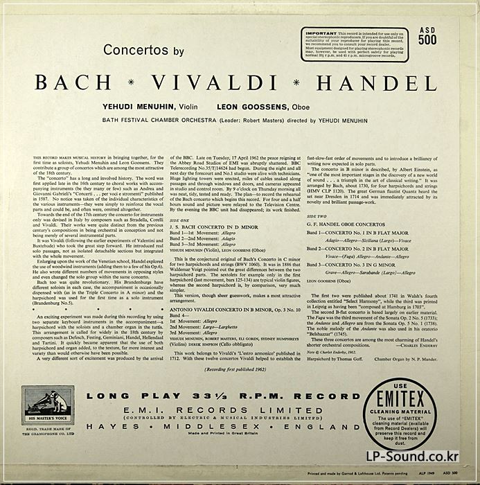 ASD 500 *WHITE/GOLD* BACH /VIVALDI /HANDEL CTOS* MENUHIN /GOOSSENS
