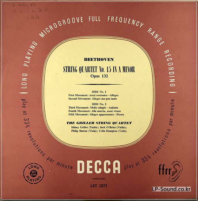 BEETHOVEN STRING QUARTET NO. 15 GRILLER QUARTET*DECCA LXT 2573
