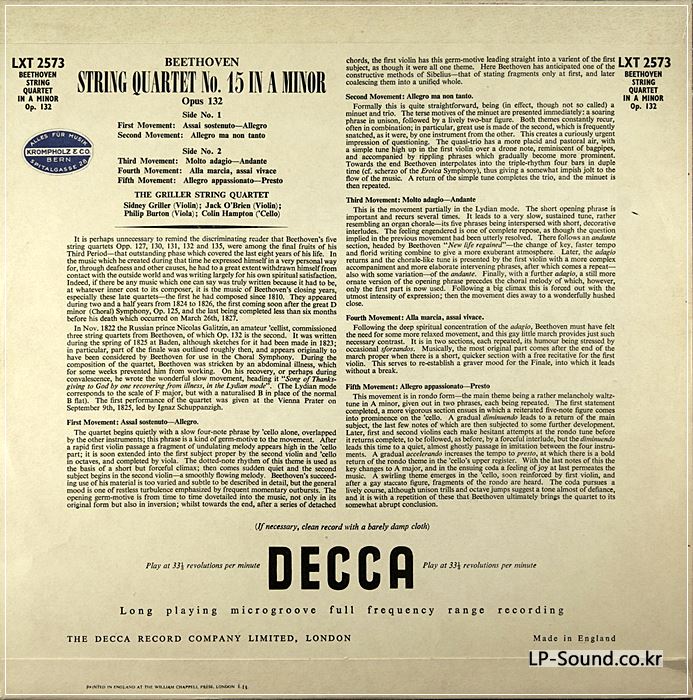 BEETHOVEN STRING QUARTET NO. 15 GRILLER QUARTET*DECCA LXT 2573