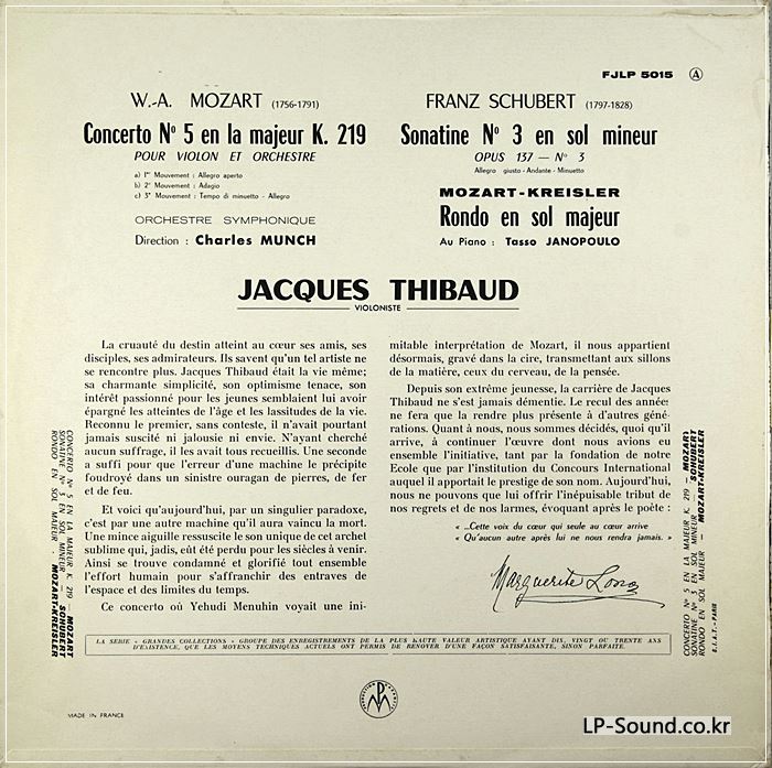 THIBAUD MOZART SCHUBER VDSM FJLP 5015 50'S FRANCE LP
