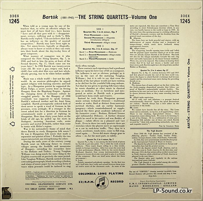 VEGH BARTOK STRING QUARTETS COLUMBIA 33CX 1245/67/85