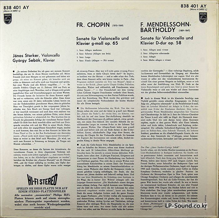 CHOPIN, MENDELSSOHN - CELLO SONATAS/ JANOS STARKER, CELLO