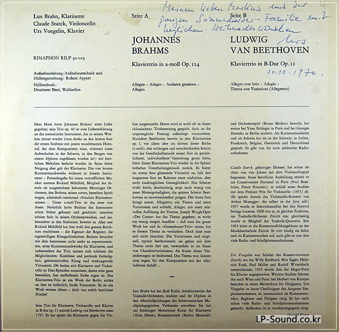 BRAHN STARCK VOEGELIN BRAHMS & BEETHOVEN TRIOS RIMAPHON STEREO