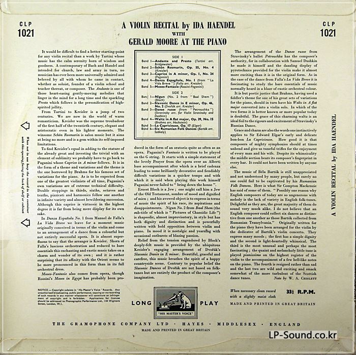 IDA HAENDEL VIOLIN GERALD MOORE PIANO CLP 1021