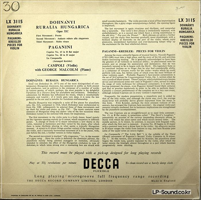 PAGANINI CAPRICE DOHNANYI HUNGARICA CAMPOLI MALCOLM DECCA LX 3115 RARE