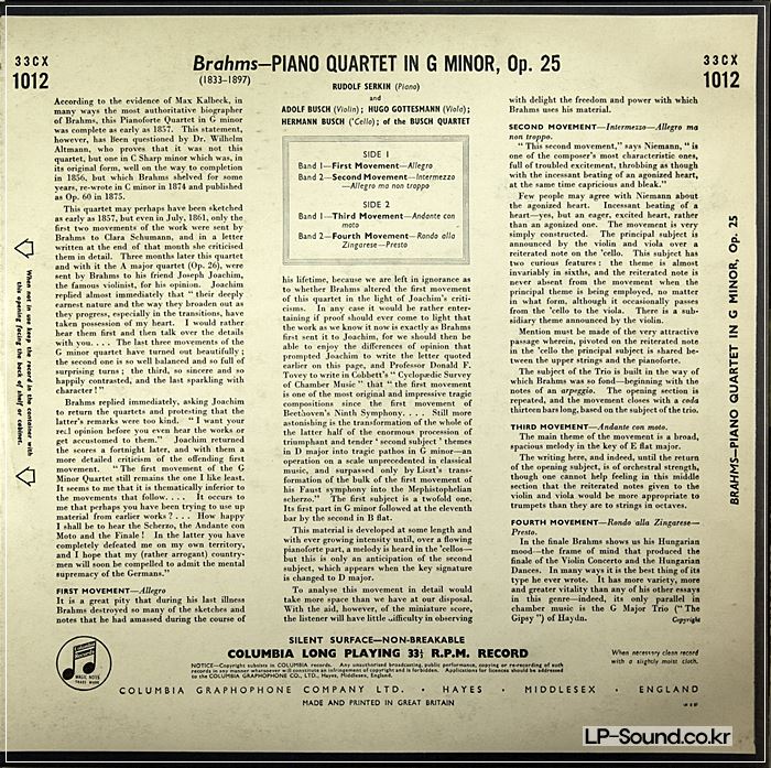 SERKIN & BUSCH QUARTET BRAHMS  33cx 1012 UK-50s