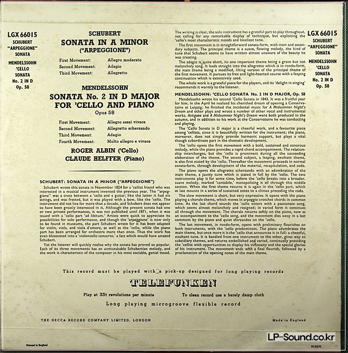 SCHUBERT / MENDELSSOHN SONATAS *ROGER ALBIN  TELEKUNKEN LGX 66015