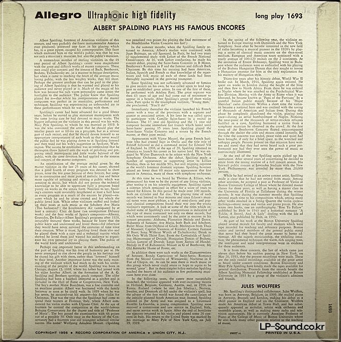 ALBERT SPALDING PLAYS HIS FAMOUS ENCORES ALLEGRO 1693 SUPER RARE GREAT