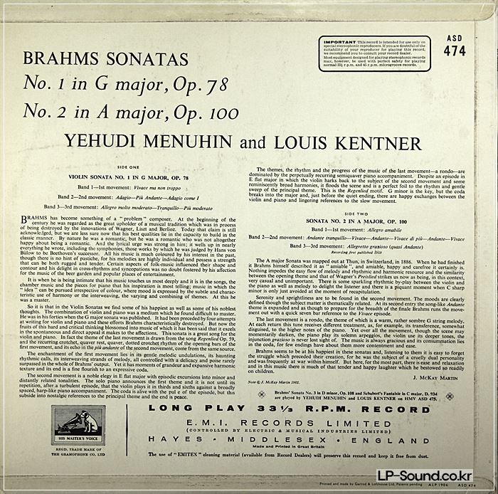 BRAHMS VIOLIN SONATAS 1 & 2 MENUHIN & KENTNER UK HMV ASD 474