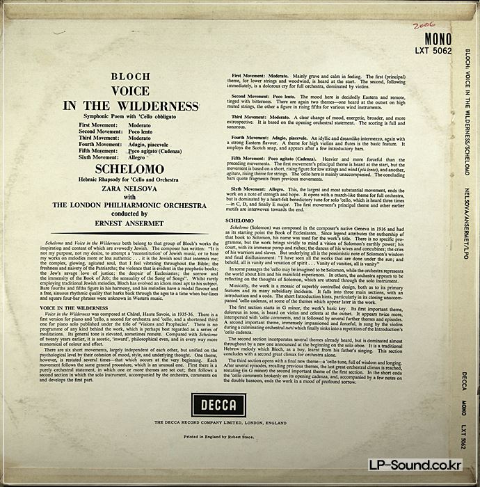 ZARA NELSOVA:BLOCH:SCHELOMO/VOICE IN WILDERNESS:DECCA LXT 5062
