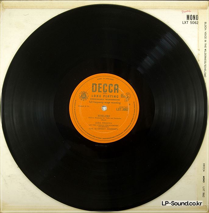 ZARA NELSOVA:BLOCH:SCHELOMO/VOICE IN WILDERNESS:DECCA LXT 5062