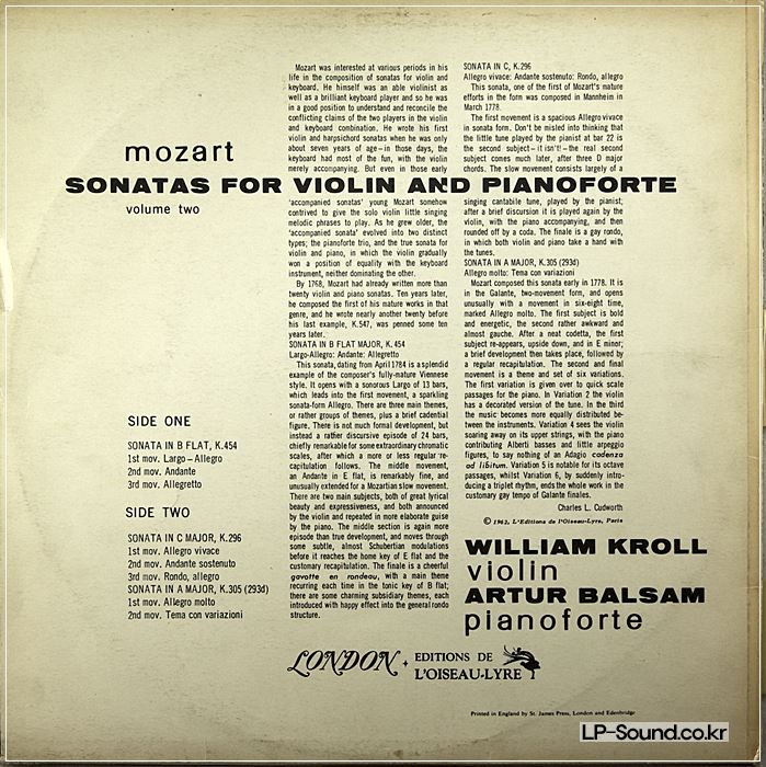 MOZART SONATAS FOR VIOLIN AND PIANO/KROLL/BALSAM 2LP