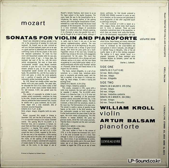 MOZART SONATAS FOR VIOLIN AND PIANO/KROLL/BALSAM 2LP