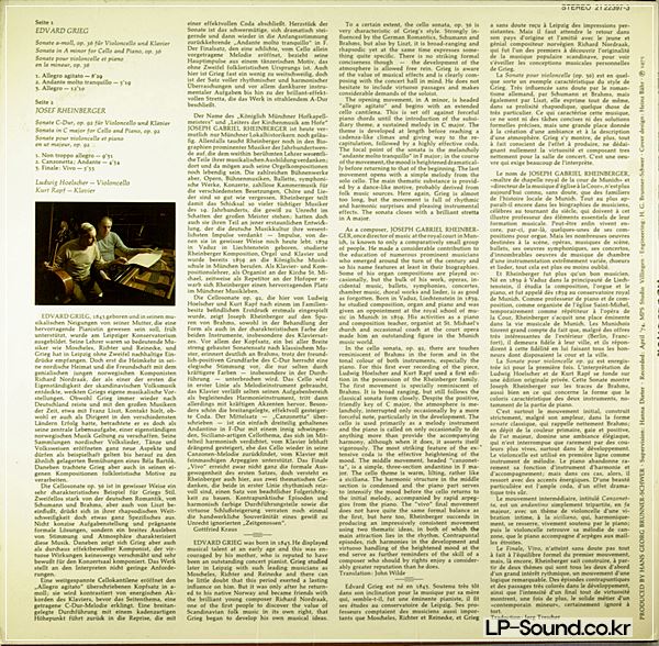 LUDWIG HOELSCHER GRIEG RHEINBERGER SONATAS FOR CELLO & PIANO LP