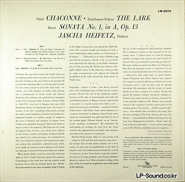 HEIFETZ/VIOLIN/FAURE: SONATA/TEDESCO: LARK/VITALI: CHACONNE/RCA LM-2074