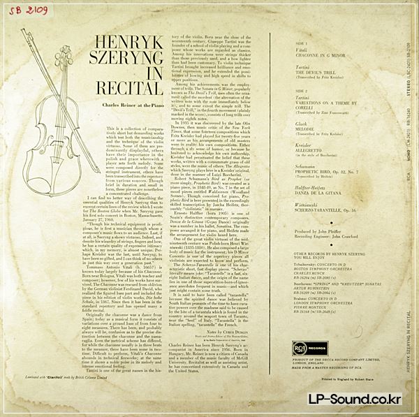 HENRYK SZERYNG* IN RECITAL *DEVIL'S TRILL* VITALI CHACONNE RCA RB-2109