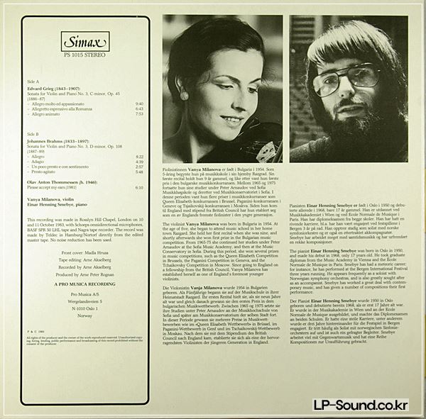 GRIEG: SONATA FOR VIOLIN & PIANO; VANYA MILANOVA SIMAX PS1015