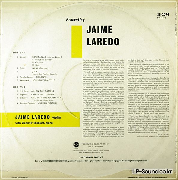 JAMIE LAREDO VIOLIN RECITAL /J.S.BACH /PAGANINI. RARE. RCA LIVING STEREO SB2074
