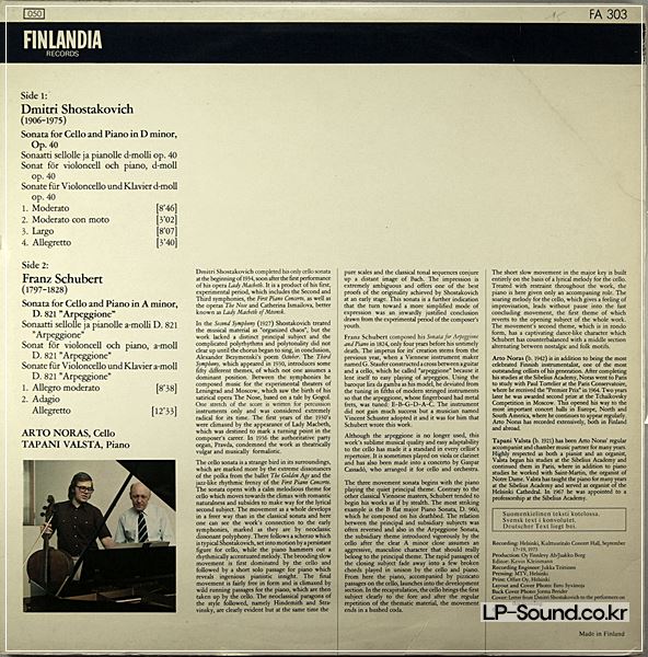 ARTO NORAS SHOSTAKOVICH SCHUBERT CELLO FINLANDIA FA 303   SIGNATURE