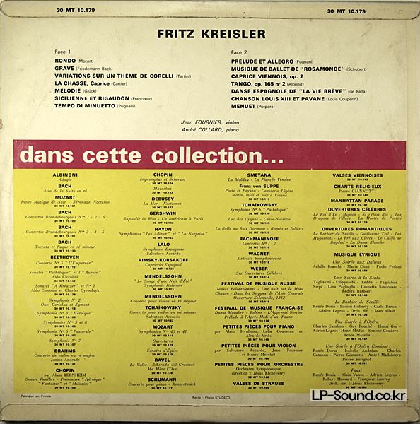 JEAN FOURNIER KREISLER  VIOLIN RECITAL VEGA 30 MT 10129 FRANCE