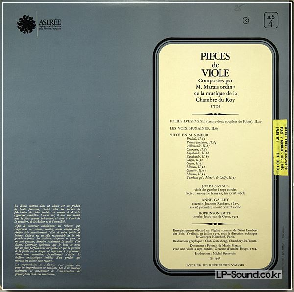 JORDI SAVALL VIOLA PIECES MARAIS ASTREE AS 4