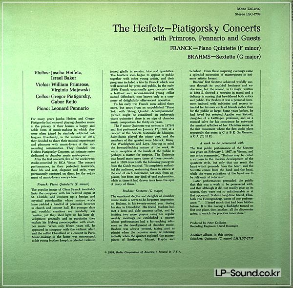 HEIFETZ-PIATIGORSKY / FRANCK PIANO QUINTET / RCA STEREO SD LSC-2739,