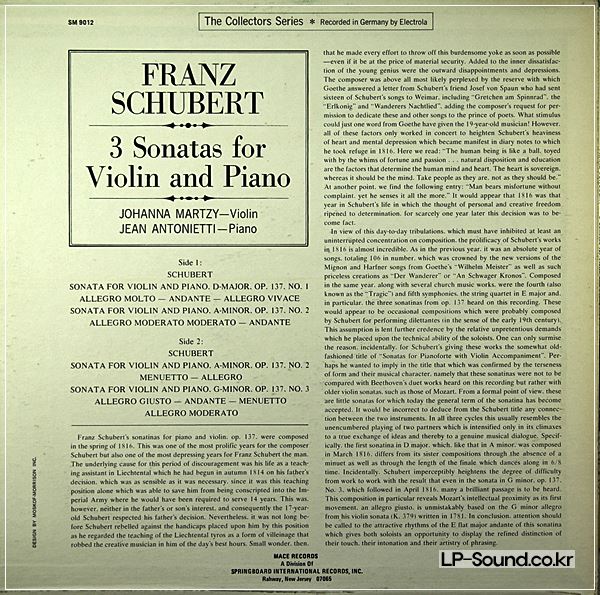 JOHANNA MARTZY/SCHUBERT SONATAS FOR VIOLIN & PIANO MACE STEREO