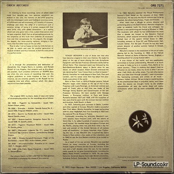 VINTAGE YEHUDI MENUHIN THE LEGENDARY EARLY RECORDINGS ORION US LP ORS 7271